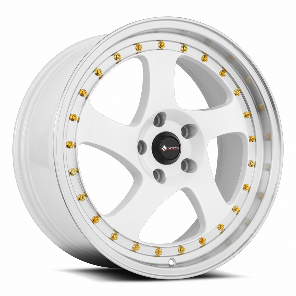 Vors Wheels VR2 18x8 5x110 White Machine Lip Gold Rivet offset 35